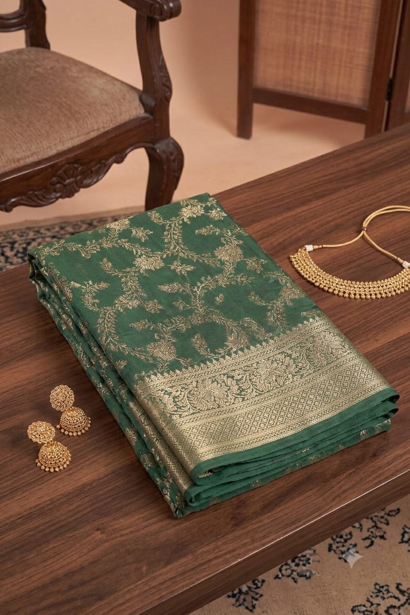 Greanly jari worked fliral silk saree