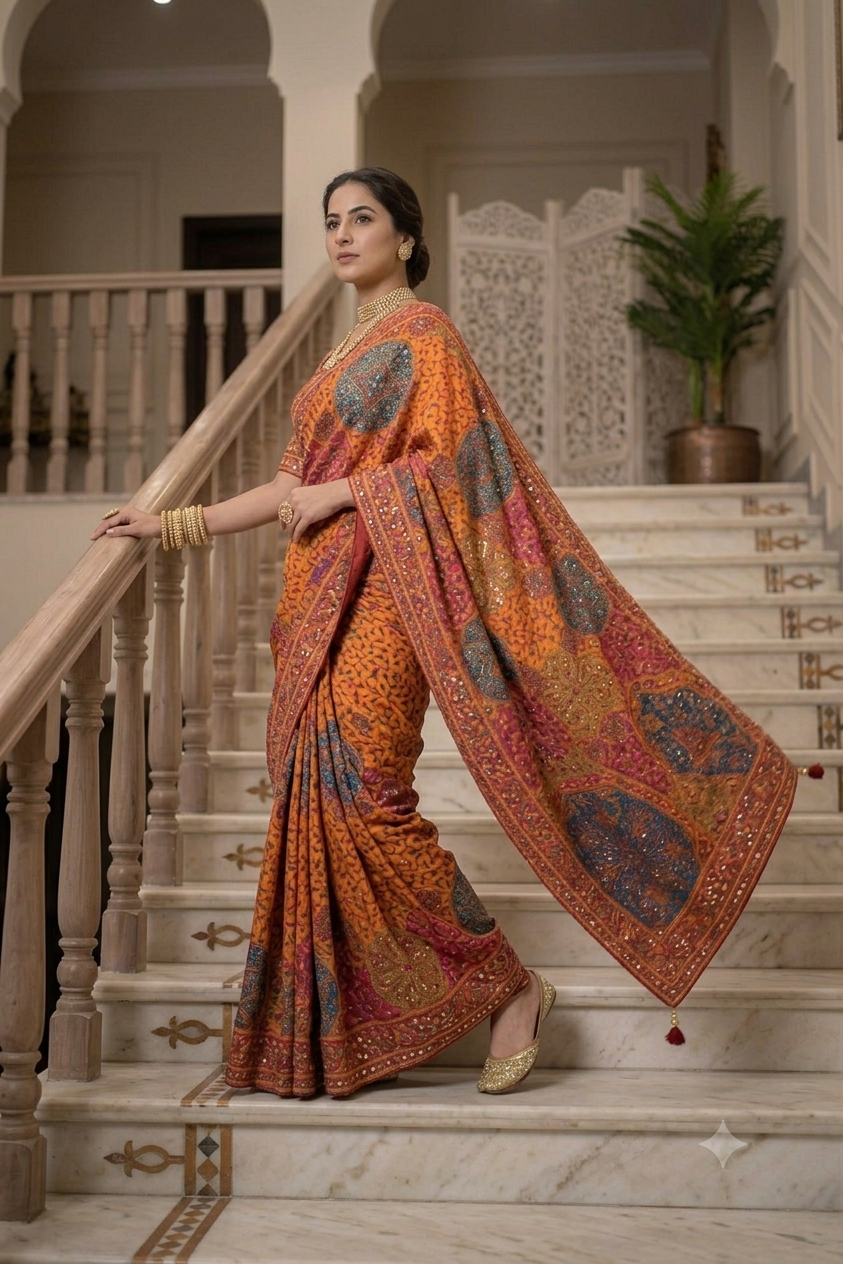 Elegant multi colour kashmiri pashmina silk with intricate mirror work border