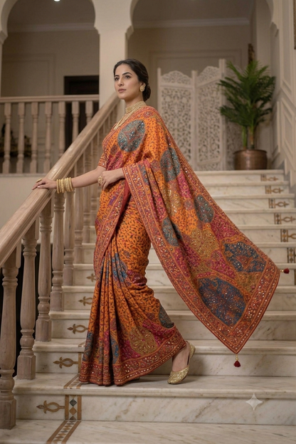 Elegant multi colour kashmiri pashmina silk with intricate mirror work border