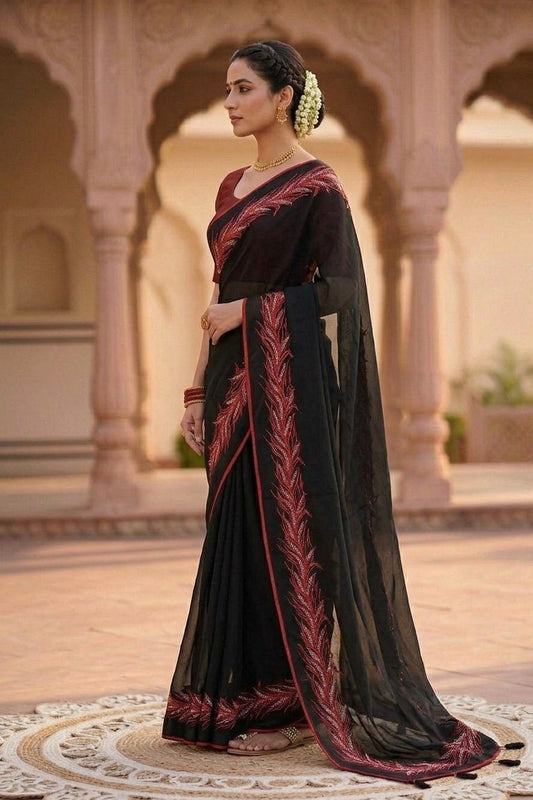 Black georgette plain Saree with boundary enhancing the nature