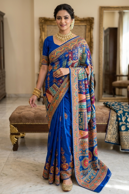 Exquisite royal blue silky saree with intricate patch work & zari border