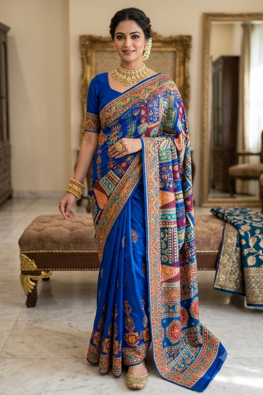 Handcrafted embroidered saree with shining Blue colour mixture of silk and jari