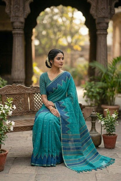 Dark asmani polyester fabric simple plain saree