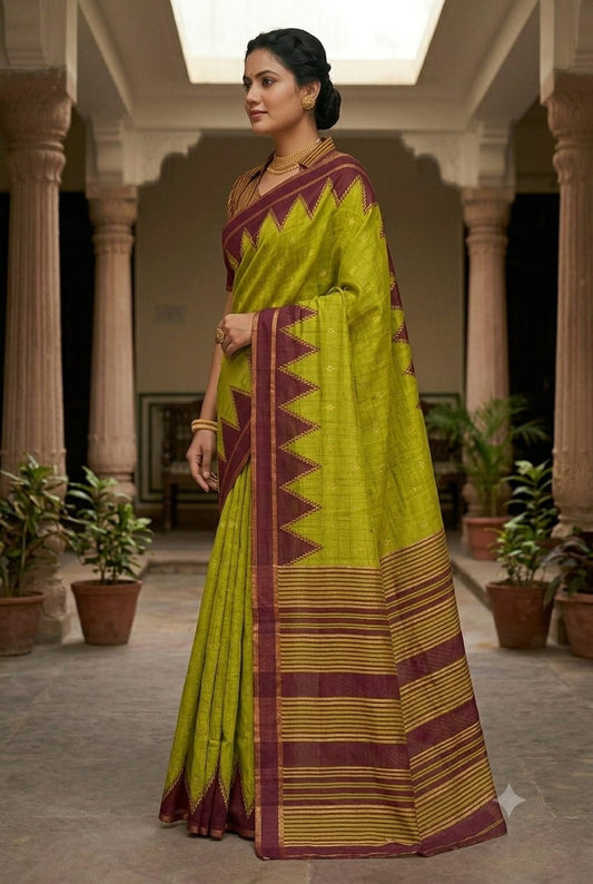 Light green polyester fabric saree with simple design