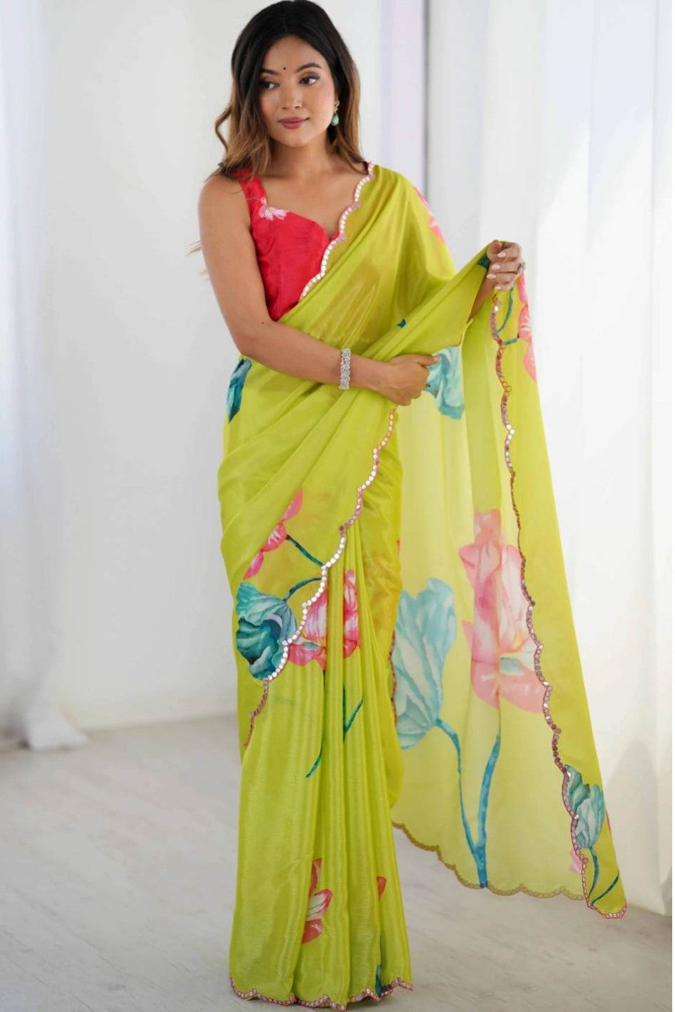Light yellowish rose printed georgette saree