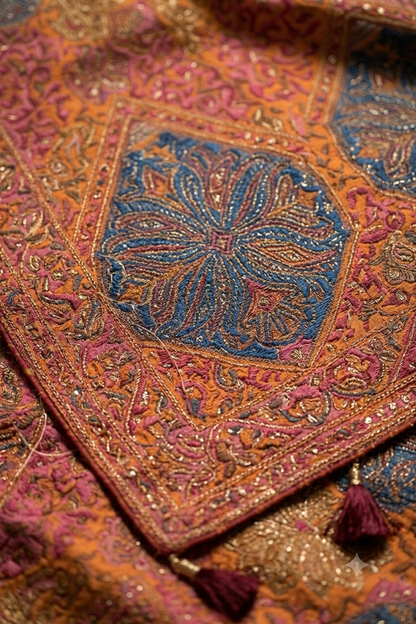 Elegant multi colour kashmiri pashmina silk with intricate mirror work border