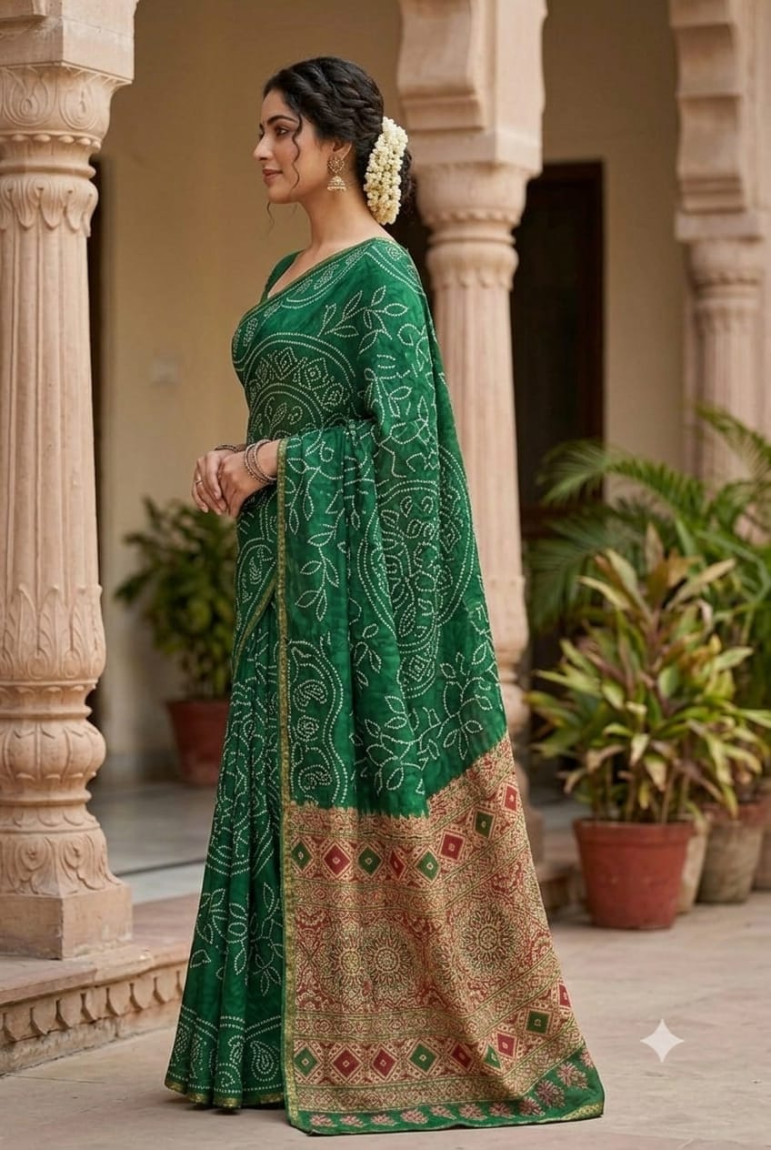 Green chunni style saree along with polyester  and georgette fabric