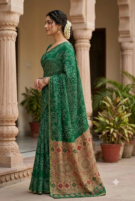 Green chunni style saree along with polyester  and georgette fabric