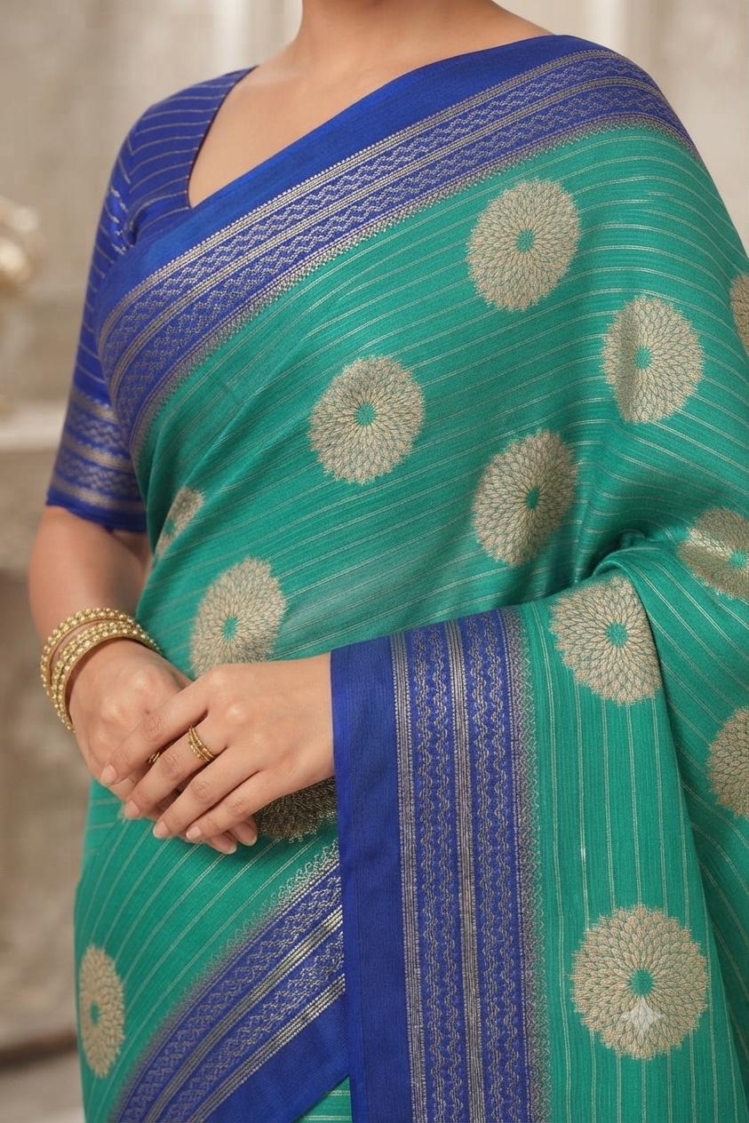 Radiant green floral motif saree with a mixture of silk&cotton
