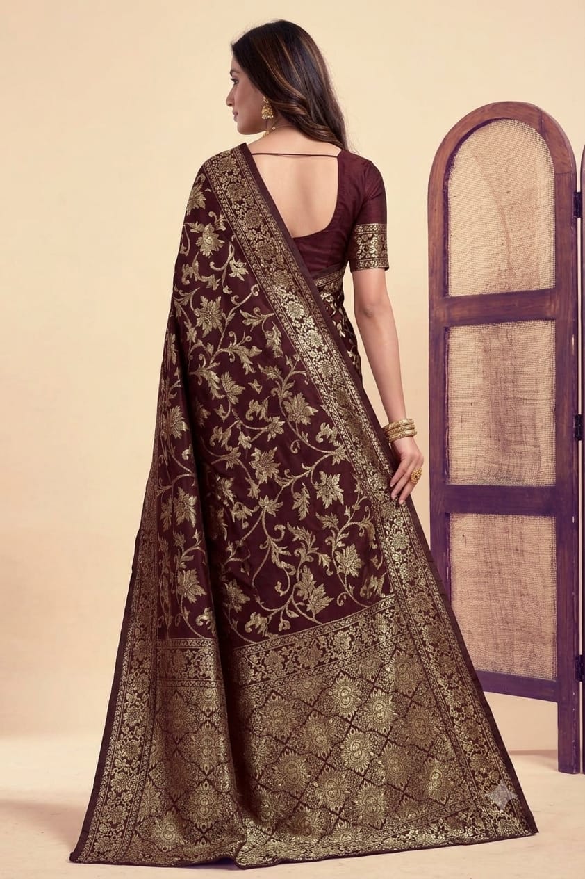 Darker maroon silky wedding wear saree