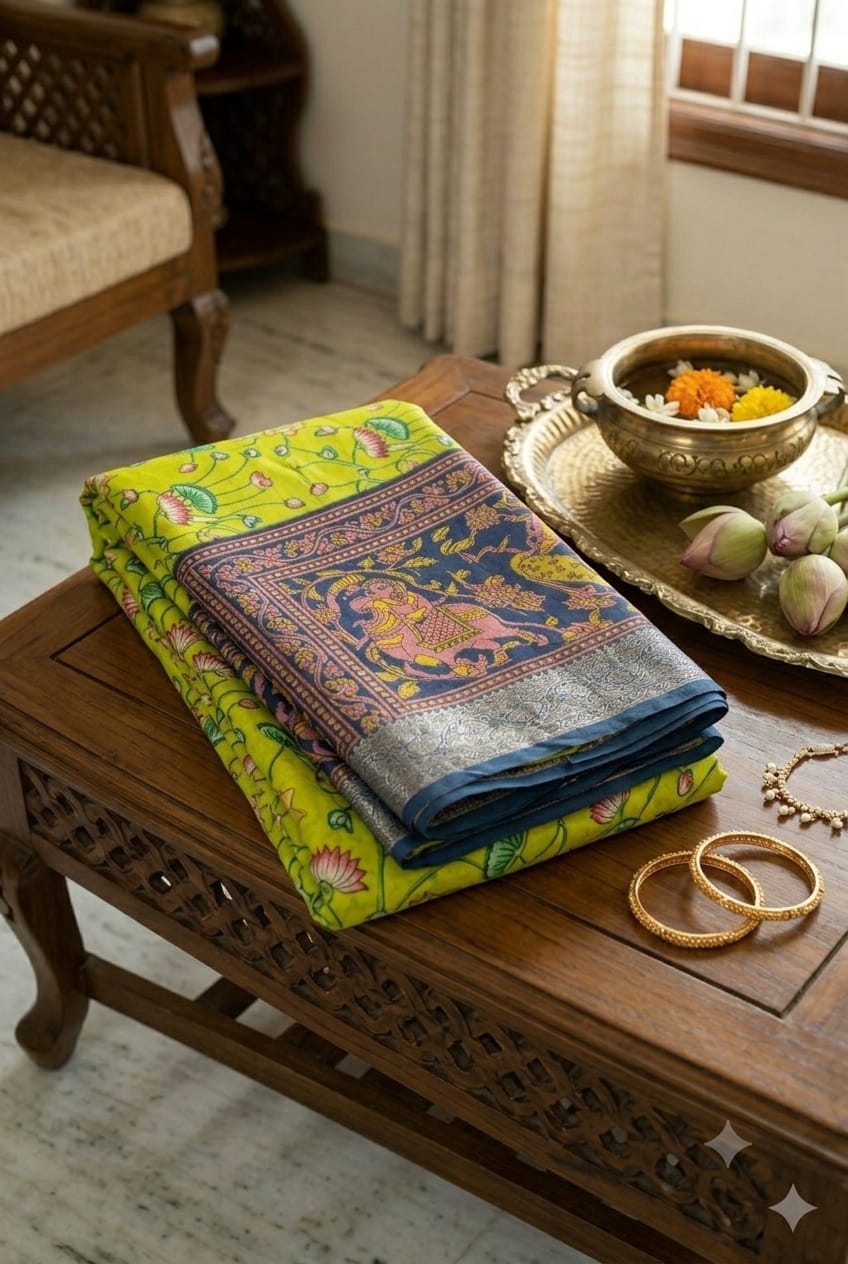 This silky premium bnarsi saree with light green texture