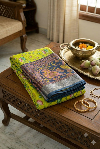 This silky premium bnarsi saree with light green texture