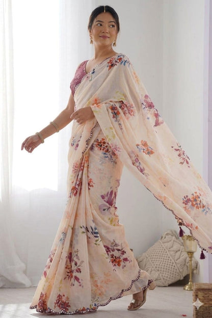 Light Creamy printed georgette saree ready to wear