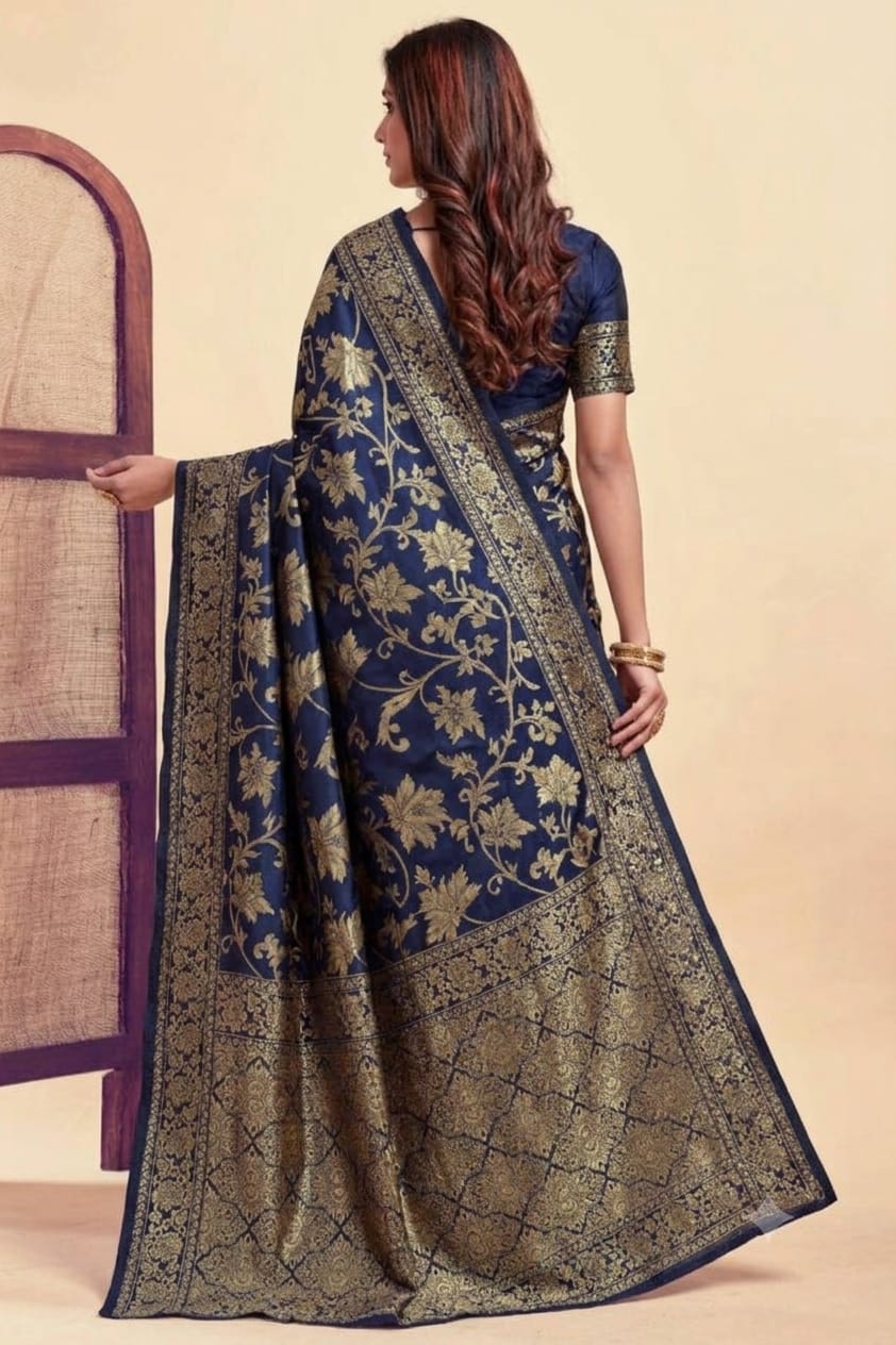 Darker navy with jari silky comfortable bnarsi saree