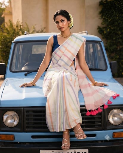 Elegant pastel striped linen saree with tassels perfect for you