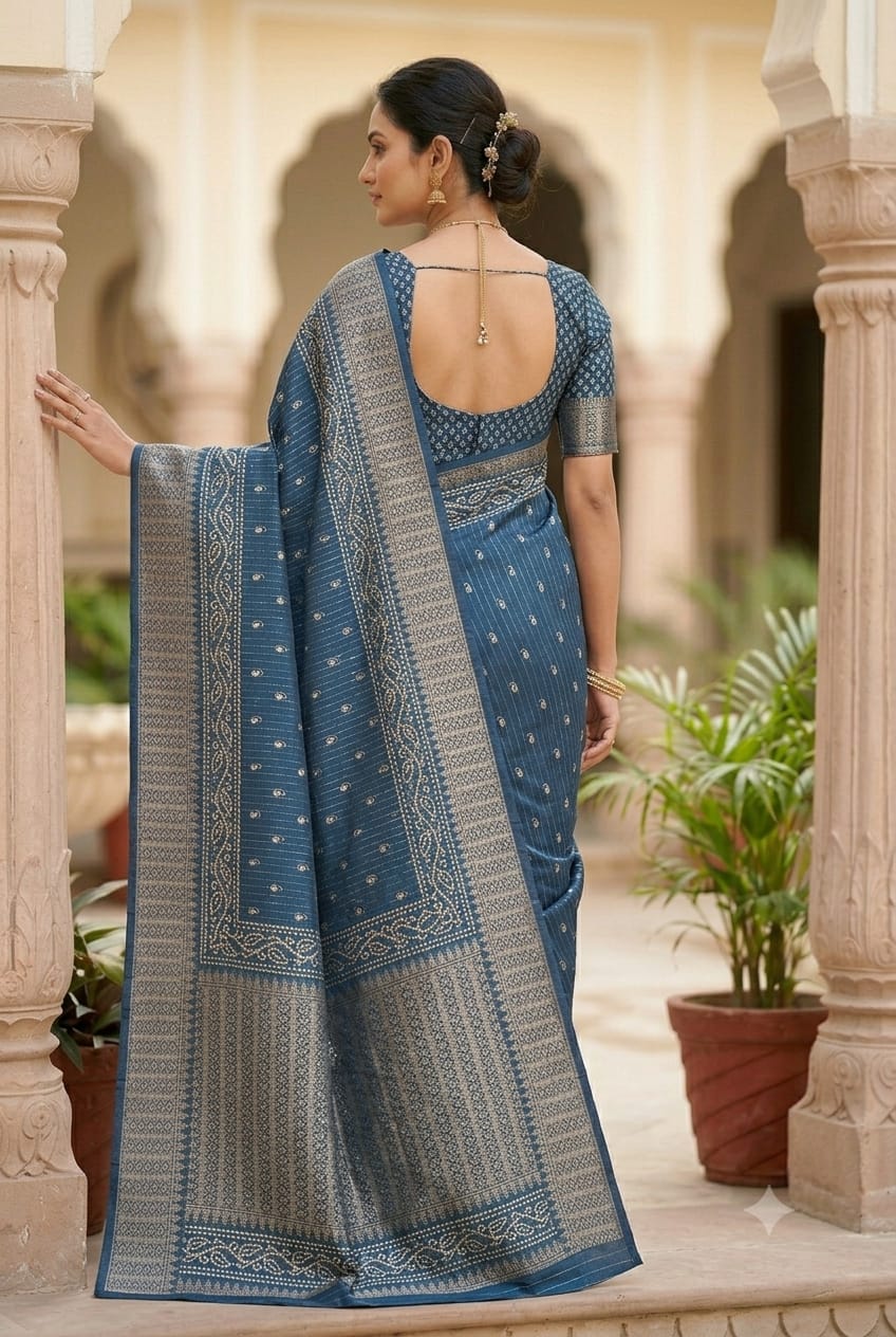 Famous Authentic organza saree with light Navy colour