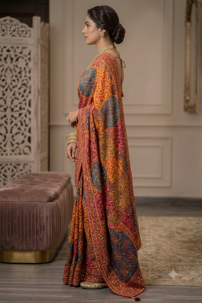 Elegant multi colour kashmiri pashmina silk with intricate mirror work border