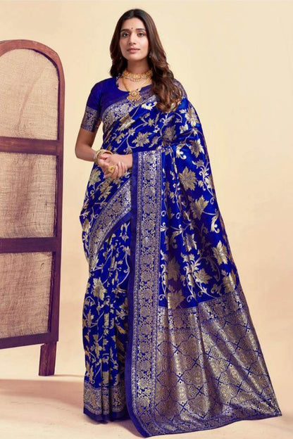 Dark blue mixture of silk and jari enhanced by nature
