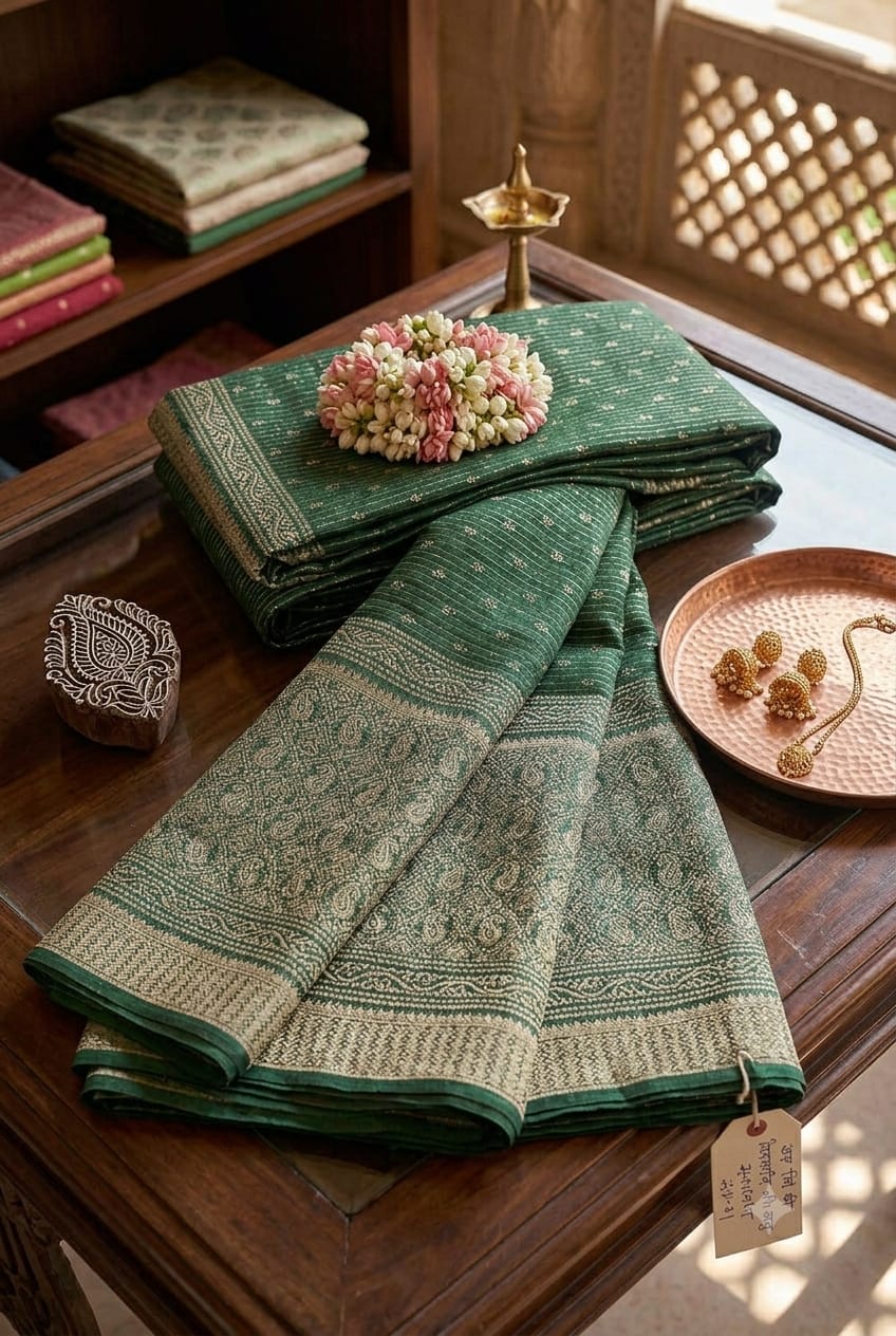 Greanish organza saree with shining texture ready to wear
