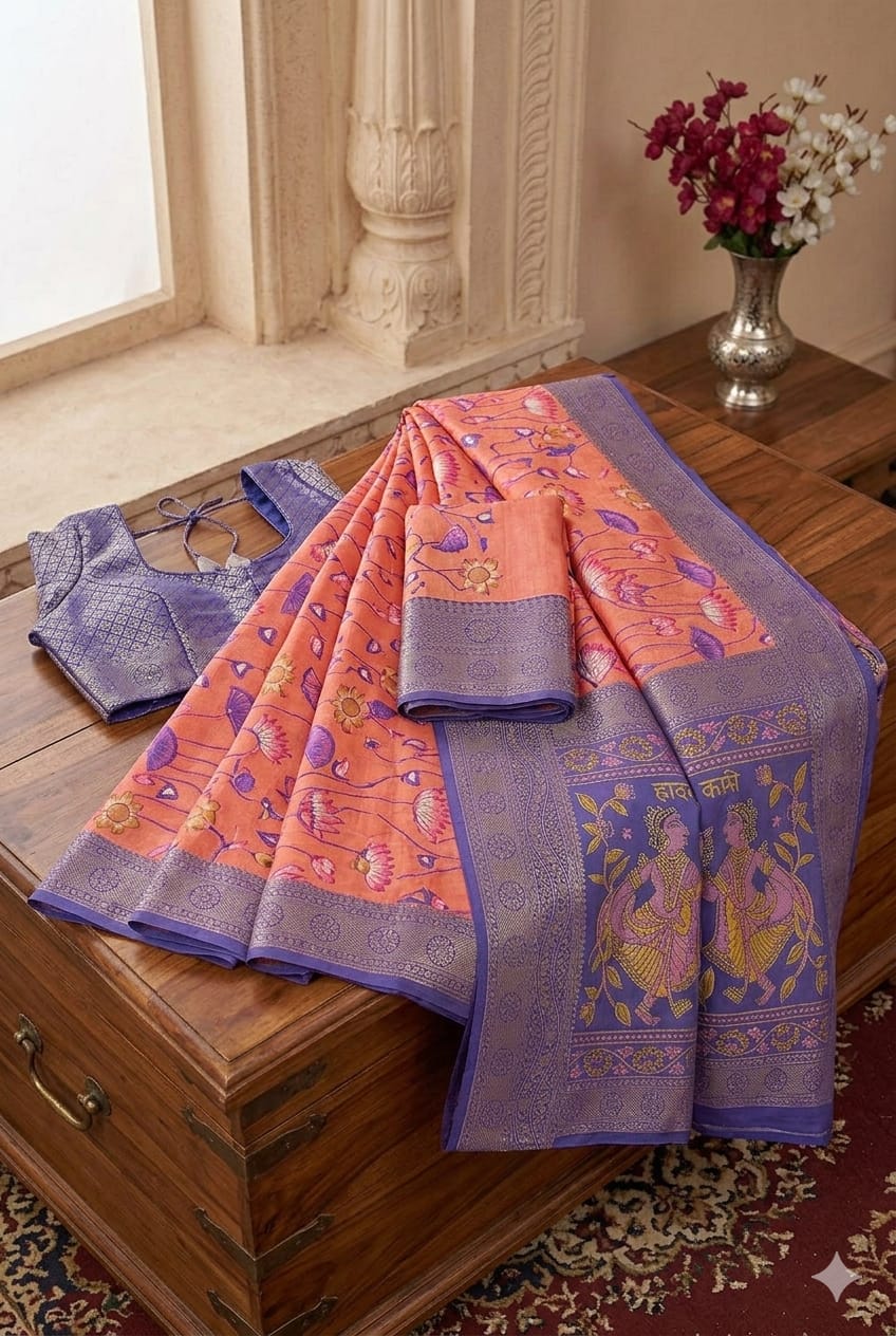 Pinky shiny silk saree with dark blue border