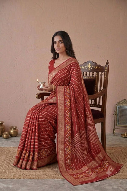 Semi georgette saree with shining border in dark red colour