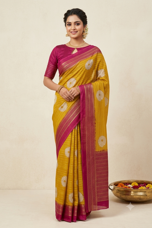 Yello mango polyester fabric saree with shining look