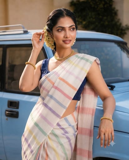 Elegant pastel striped linen saree with tassels perfect for you