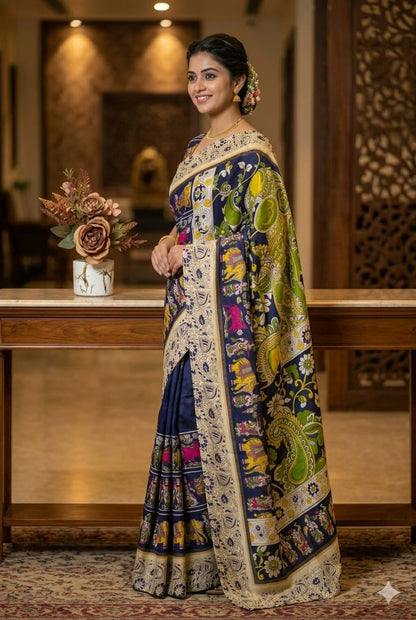 Premium purple silky saree with jari work royal look .