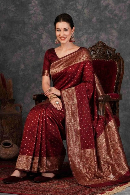 Maroonish silky comfortable bnarsi saree