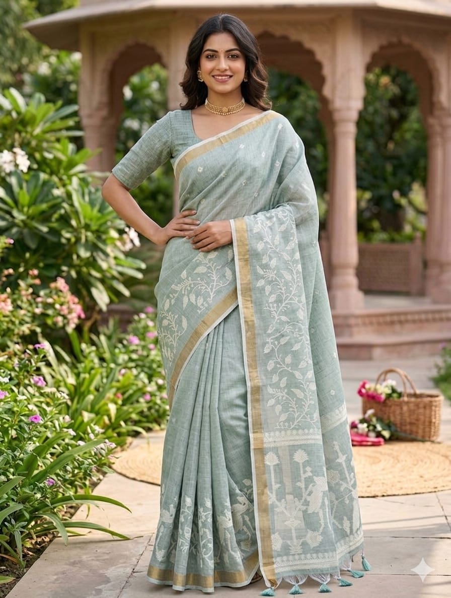 Shining cotton with jari embroidery boundary
