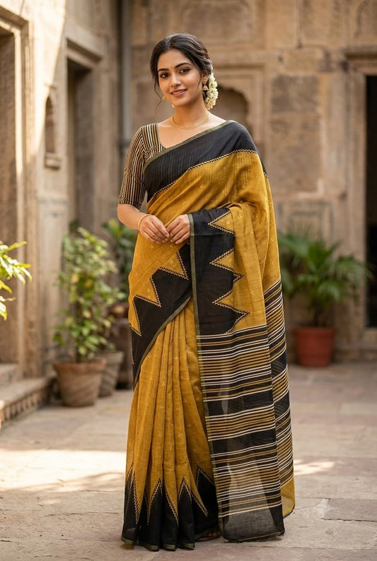 Great fancy saree along with yellow polyester fabric
