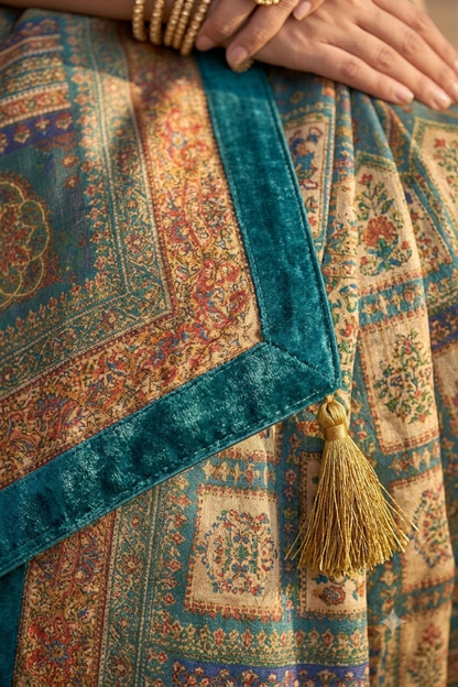 Elegant teal multicolour printed saree with velvet border and tassels