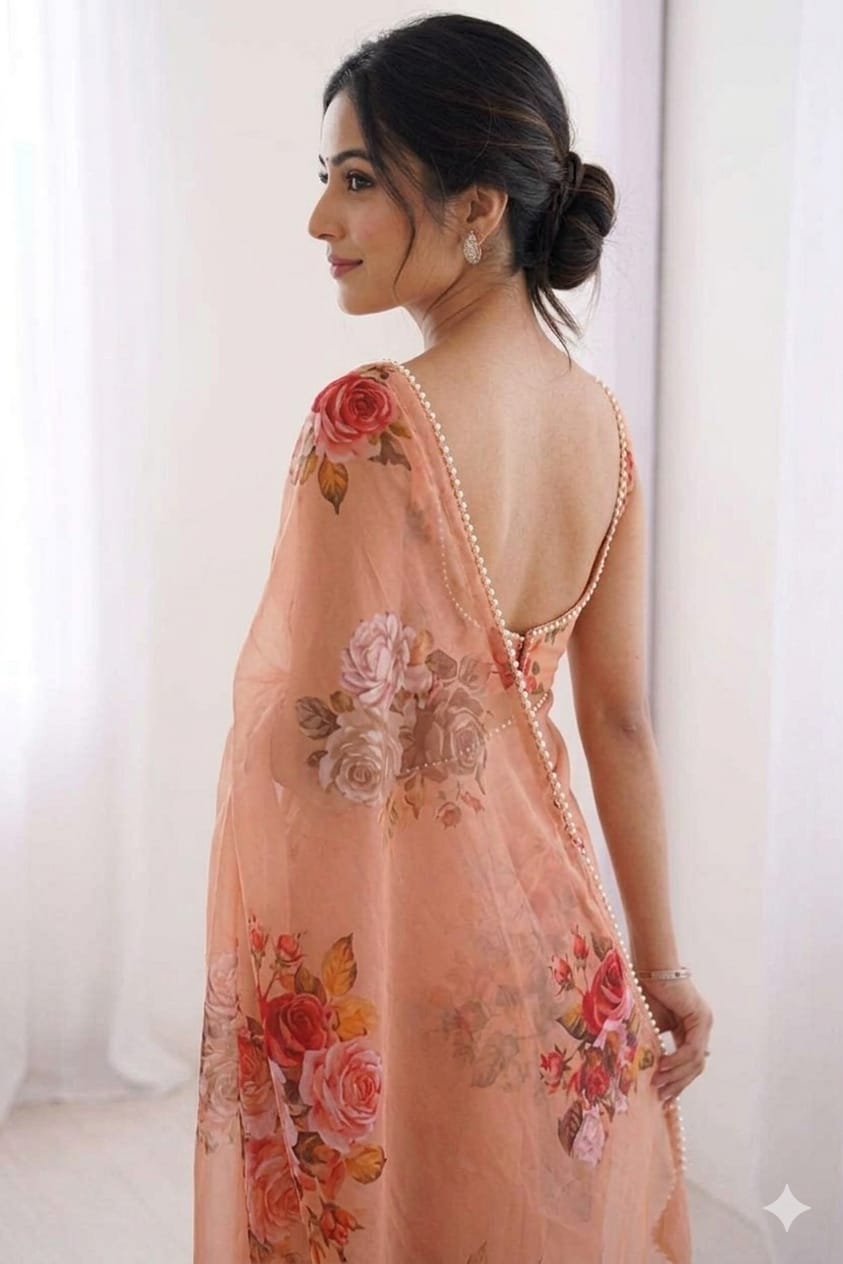 Georgette printed light pink saree with extra comfort