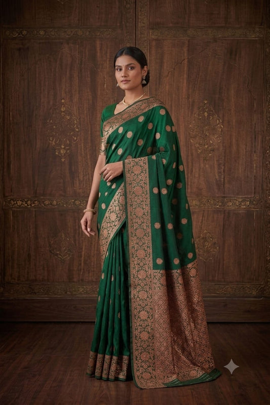 Darker green silk with jari work bnarsi saree