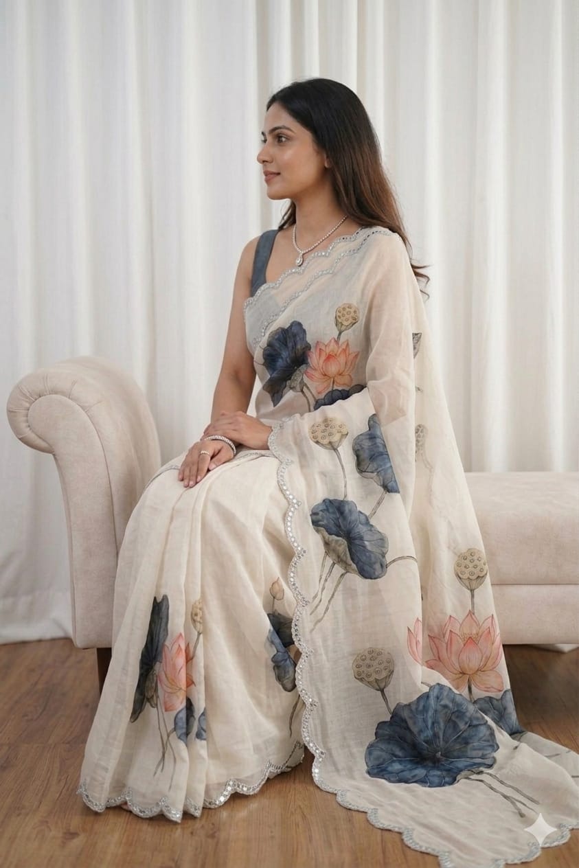 Milky white georgette saree with burned flower