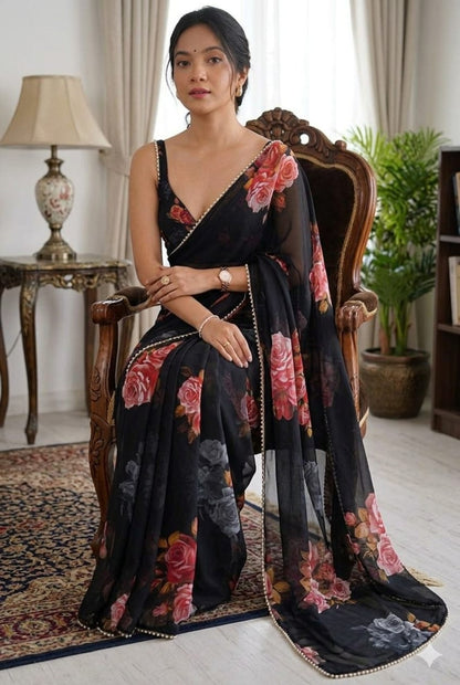 Black Georgette printed saris light weight breathable