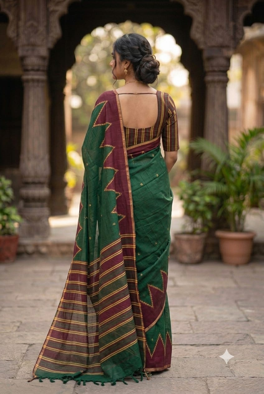 Dark green with maroon colour patta georgette design plain saree