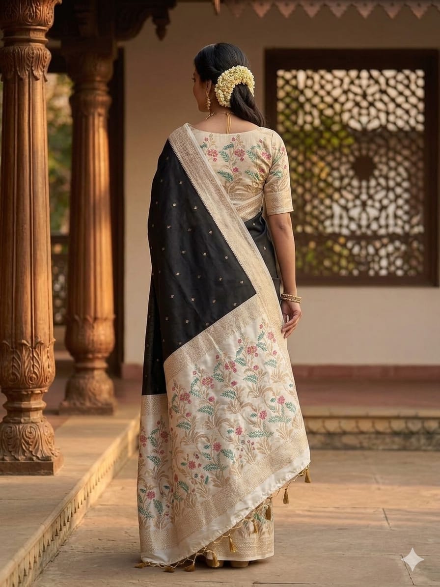 Dark black saree with cotton fabrics & designing boundary