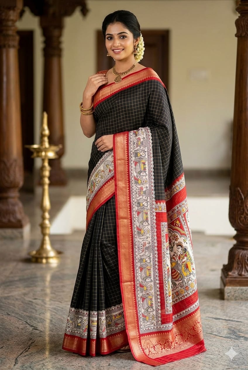 Dark black silky wedding wear saree along with premium craft on it