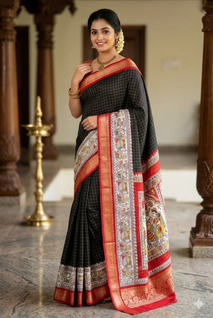 Dark black silky wedding wear saree along with premium craft on it