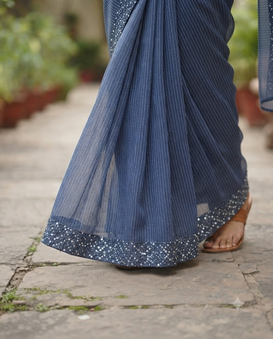 Timeless elegance in this blue striped linen saree.