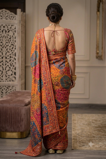 Elegant multi colour kashmiri pashmina silk with intricate mirror work border