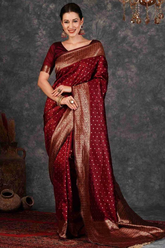 Maroonish silky comfortable bnarsi saree