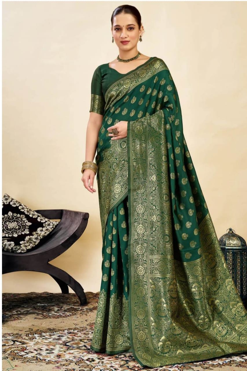 Green jari embroidery boundary bnarsi silk saree