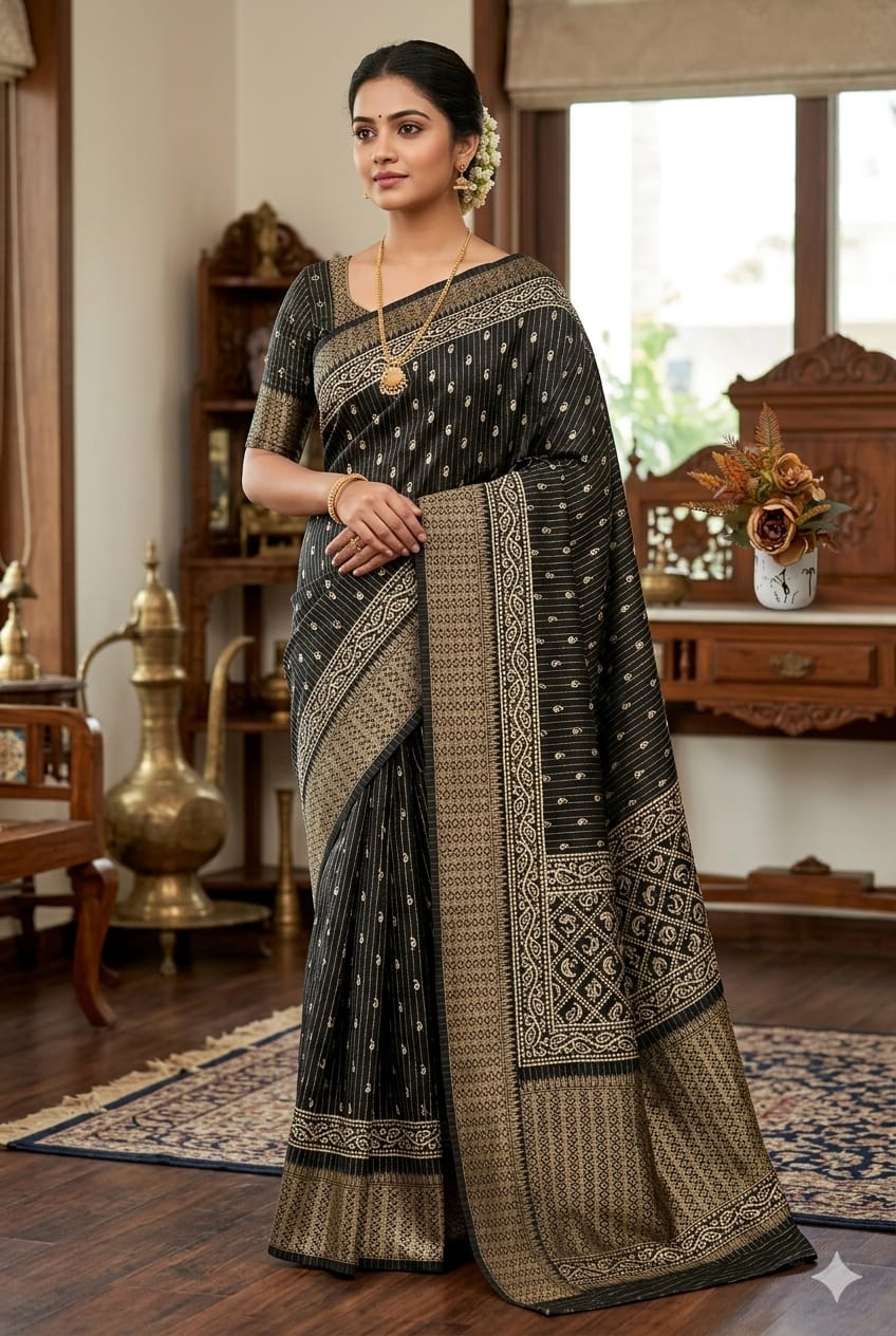 Dark black silk bnarsi look with simple texture jari embroidery