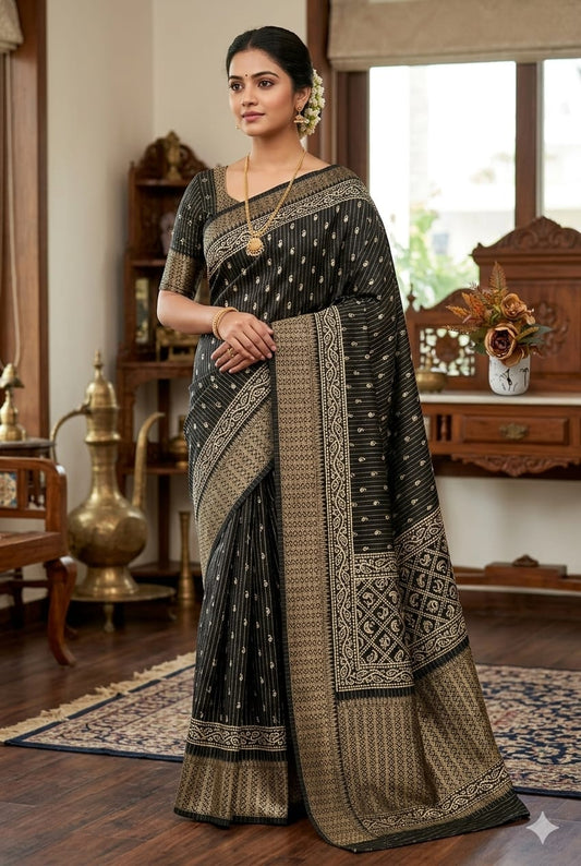 Dark black silk bnarsi look with simple texture jari embroidery