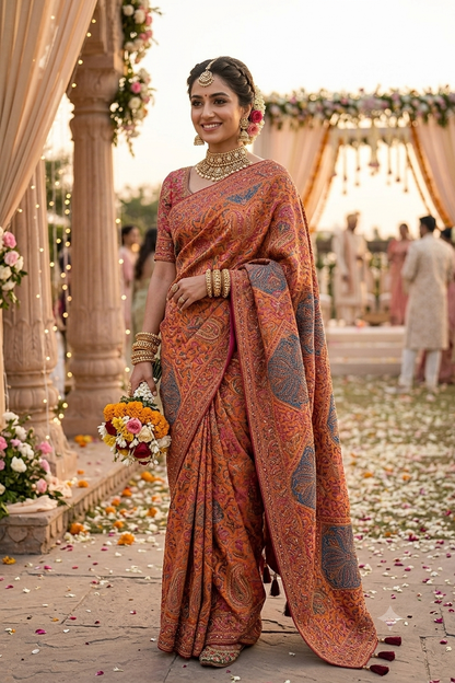 Elegant multi colour kashmiri pashmina silk with intricate mirror work border