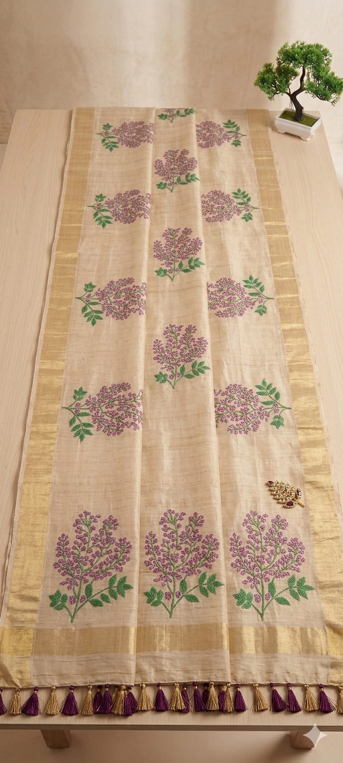 Light Creamy traditional embroidery design saree pure cotton