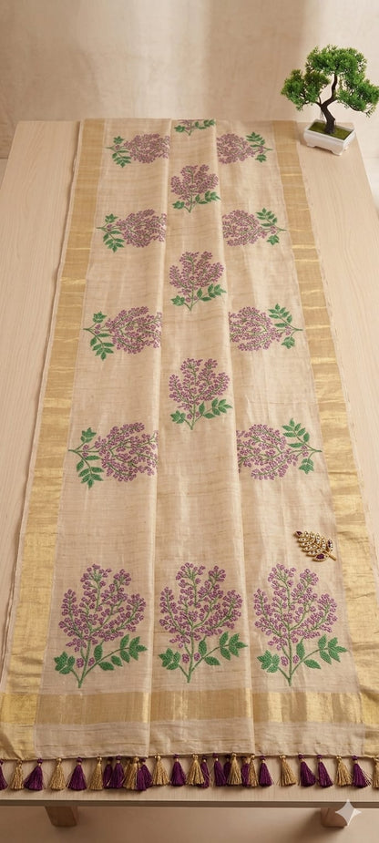 Light Creamy traditional embroidery design saree pure cotton