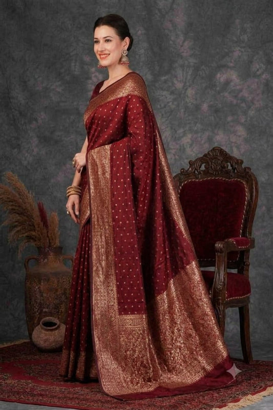 Maroonish silky comfortable bnarsi saree
